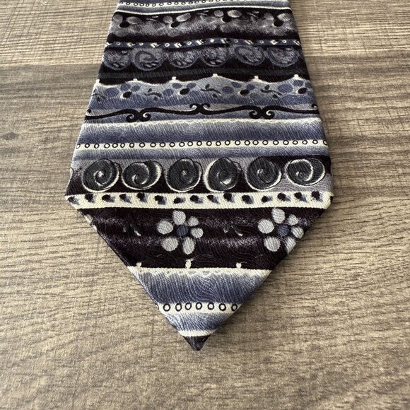 J. GARCIA 100% Silk Neck Tie Black Blue Grey Floral Geometric Made in USA - Picture 8 of 8